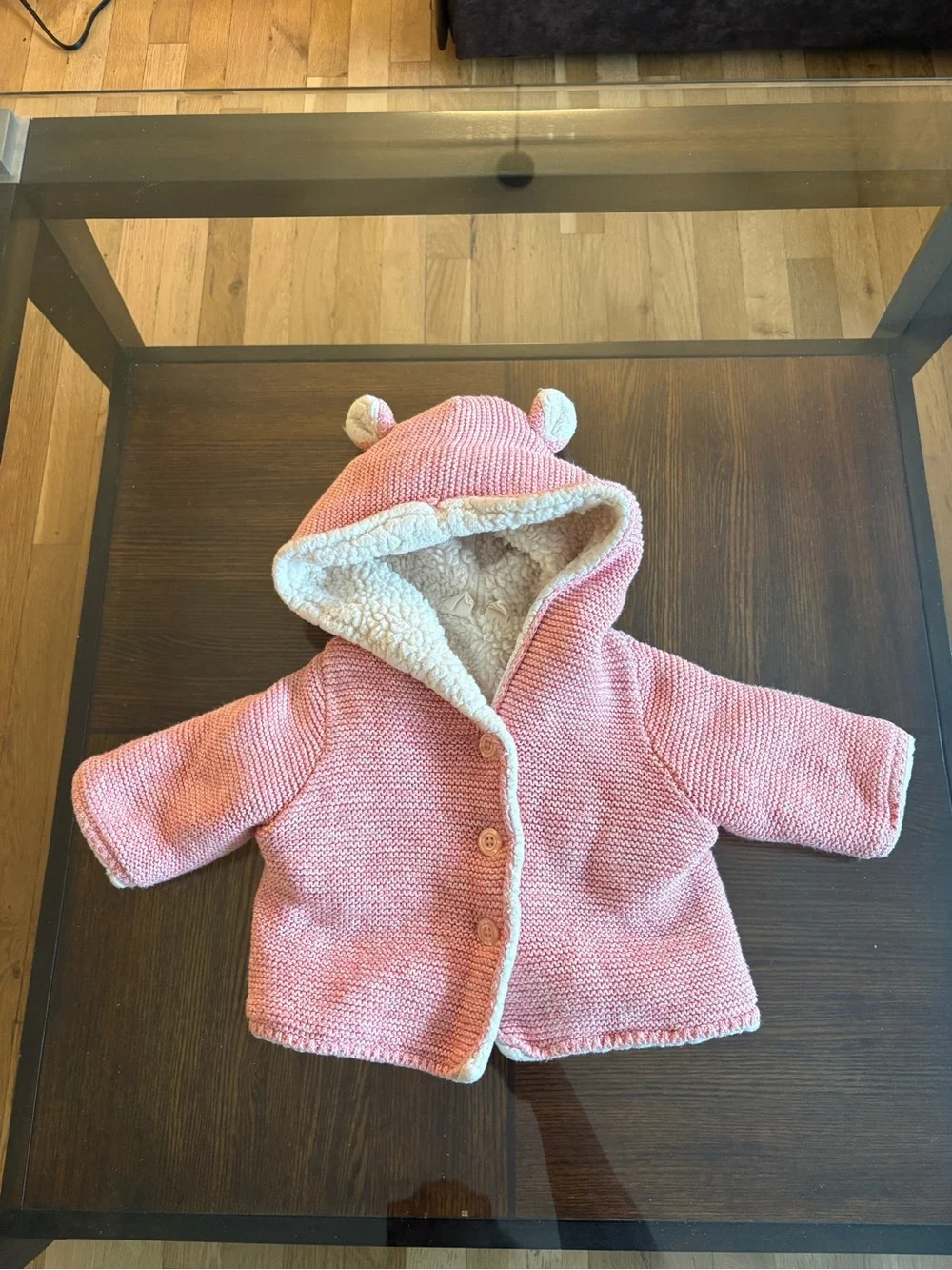 Baby Pink Hooded Knit Jacket with Sherpa Lining 0-3 months
